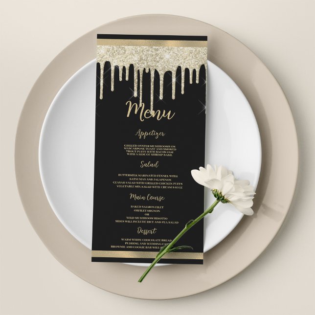 Menu de Casamento do Elegante preto dourado dourad (Elegant black gold glitter drips Wedding Menu)
