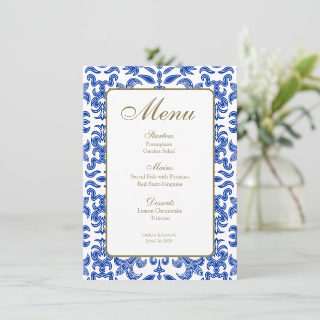 Menu de Casamento do Estilo Amalfi Azul e Branco (Em pé/Frente)