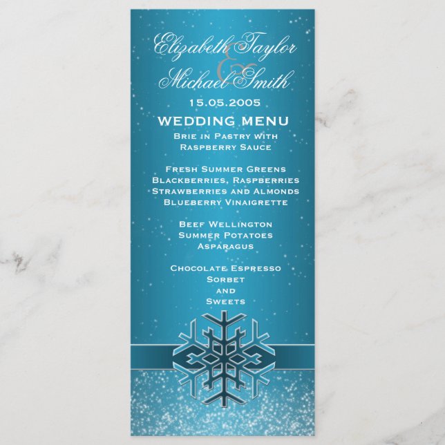 Menu de Casamento do Floco de Neve Azul de Luxo (Frente)