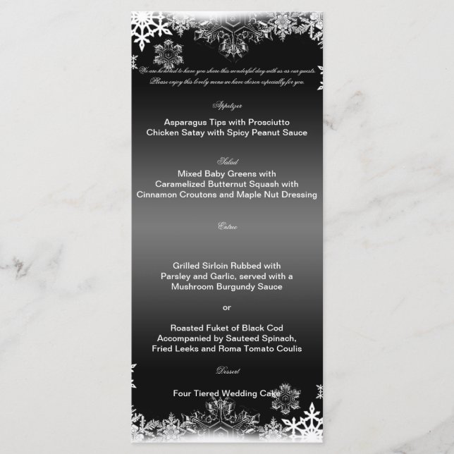 Menu de Casamento do Floco de Neve Preto e Branco (Frente)