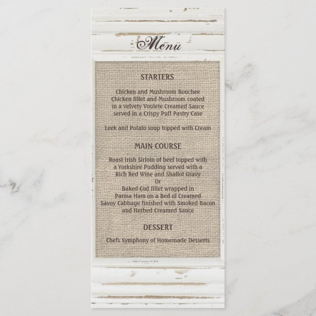 Menu de Casamento do Frame Russo Branco Burlap (Frente)