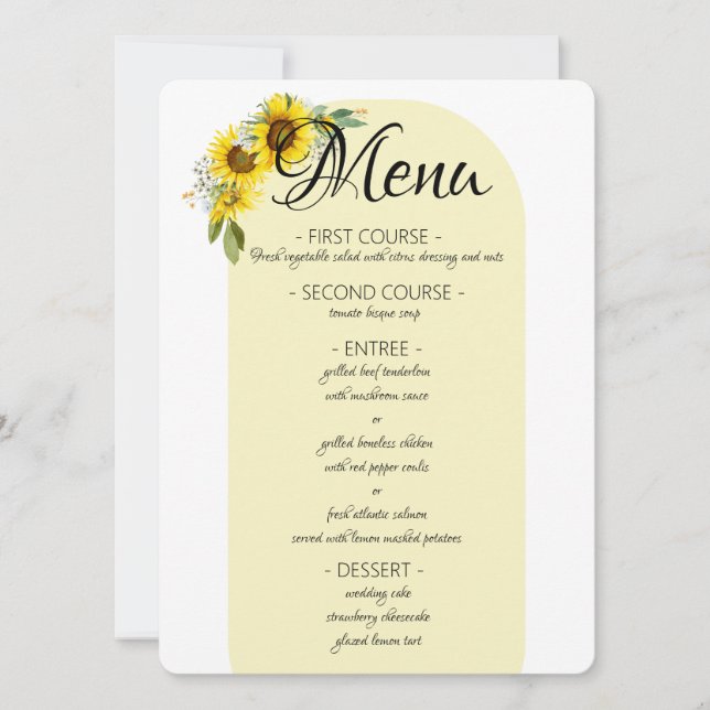 Menu de casamento do girassol elegante arco amarel (Frente)