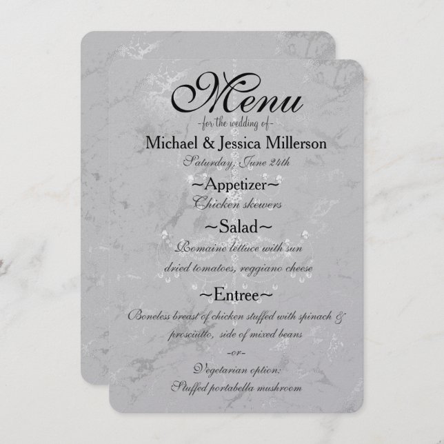 Menu de Casamento do Glam Silver Marble Diamond Ch (Frente/Verso)