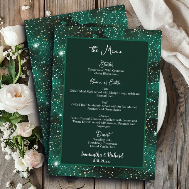 Menu de Casamento do Green Black Glitter 5x7" (Criador carregado)