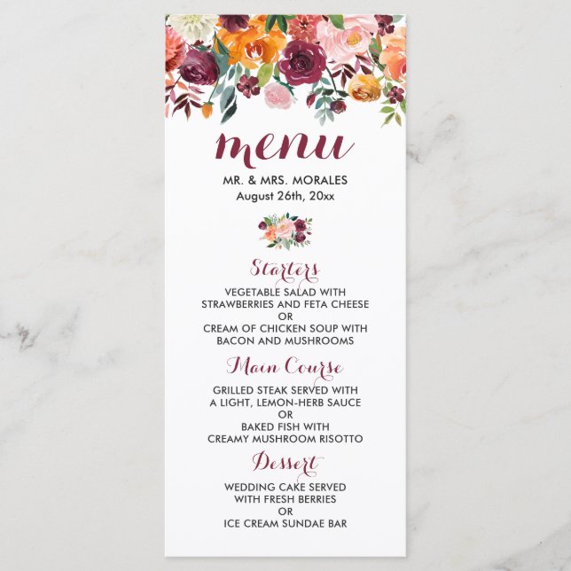 Menu de Casamento do Jardim Botânico Laranja Cor-d (Frente)
