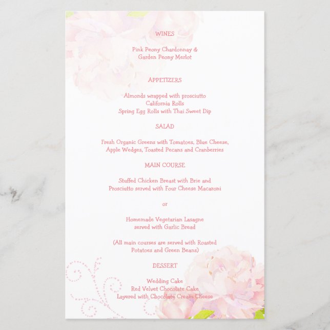 Menu de Casamento do Jardim de Primavera de Peony  (Frente)