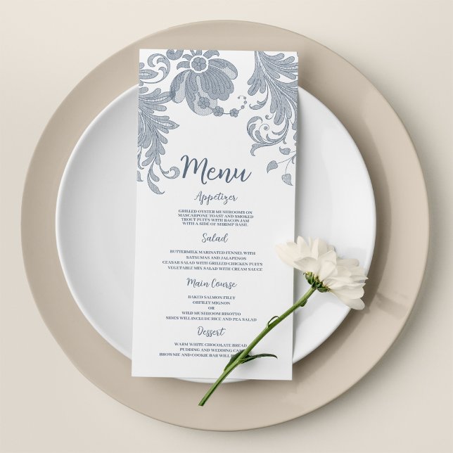 Menu de Casamento do Lace Floral Azul-na moda bran (Stylish white mauve blue floral lace Wedding Menu)