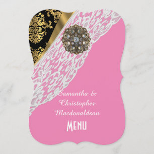 Menu de casamento do lugar branco do damasco preto