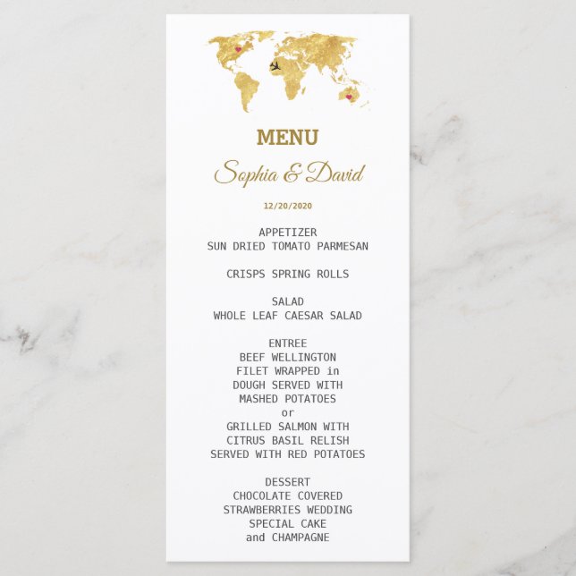 Menu de Casamento do Mapa do Mundo Dourado Elegant (Frente)