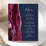 Menu de Casamento do Marinho Agate Silver Burgundy<br><div class="desc">A borda esquerda deste elegante cardápio moderno de casamento mostra uma cor vermelha-de-água borrifada com uma falso brilho prateado. O texto personalizável combina o script de escrita manual e as fontes de impressão em cinza prateada em um fundo azul marinho. O lado inverso apresenta um design de burgundy e agate...</div>