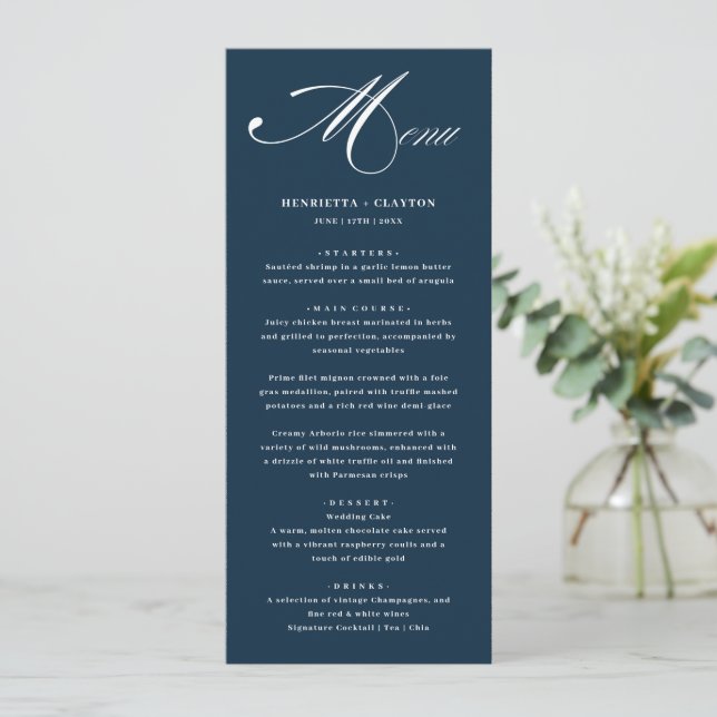 Menu de Casamento do Marinho Elegance do eterno (Em pé/Frente)
