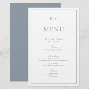 Menu de Casamento do Monograma Azul Dusty com Tipo