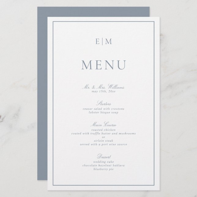Menu de Casamento do Monograma Azul Dusty com Tipo (Frente/Verso)