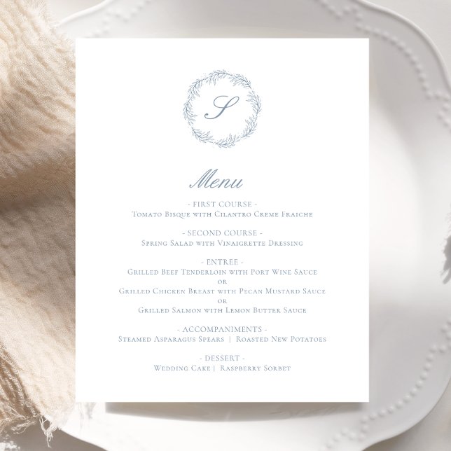 Menu de Casamento do Monograma Azul Dusty Monogram (Criador carregado)