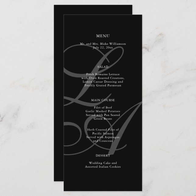 Menu de Casamento do Monograma Branco e Preto Româ (Frente/Verso)
