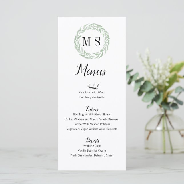 Menu de Casamento do Monograma da Terra Verde (Em pé/Frente)