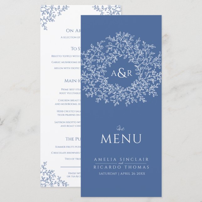 Menu de casamento do monograma de desenho de folha (Frente/Verso)