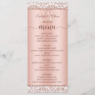 Menu de Casamento do Monograma do Damasco Dourado