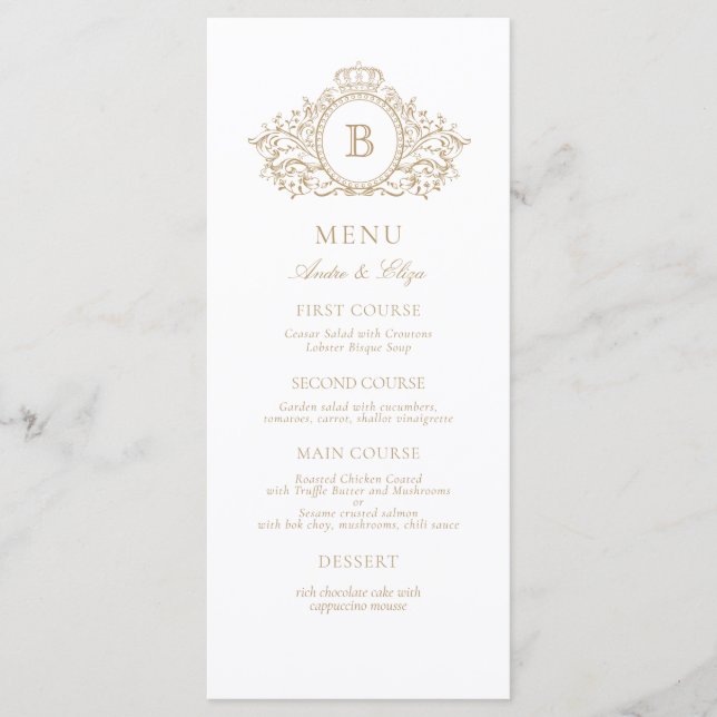 Menu de Casamento do Monograma Dourado e Branco de (Frente)
