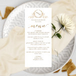 Menu de Casamento do Monograma Dourado e Branco El<br><div class="desc">Cartão de cardápio elegante com delicado monograma desenhado com mão, com iniciais de casal. Capacidade para adicionar o(s) seu(s) próprio(s) nome(s), data, descrição do menu nas iniciais frontal e monograma. Detalhes da caligrafia escrita à mão em folha de ouro falsa. Design em fundo branco e monograma e texto de matiz...</div>