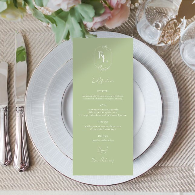 Menu de Casamento do Monograma Floral Branco e Ver (Criador carregado)