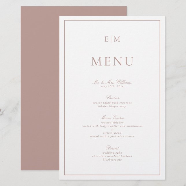 Menu de Casamento do Monograma Rosa de Caligrafia  (Frente/Verso)