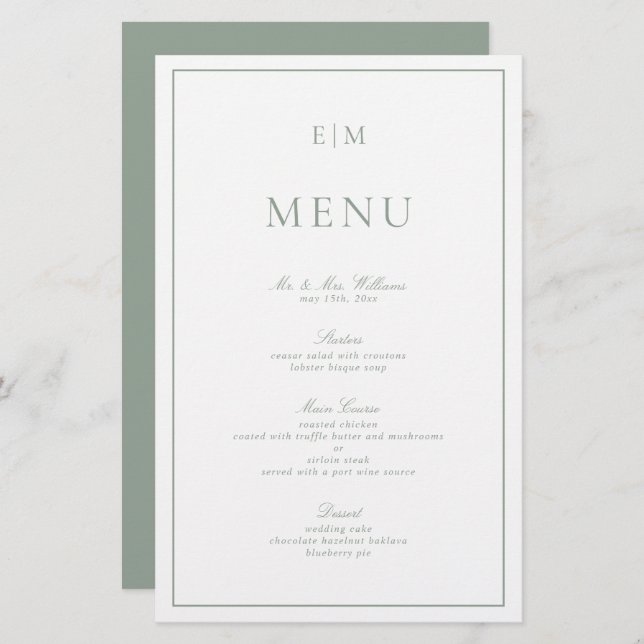 Menu de Casamento do Monograma Verde da Sage Typog (Frente/Verso)