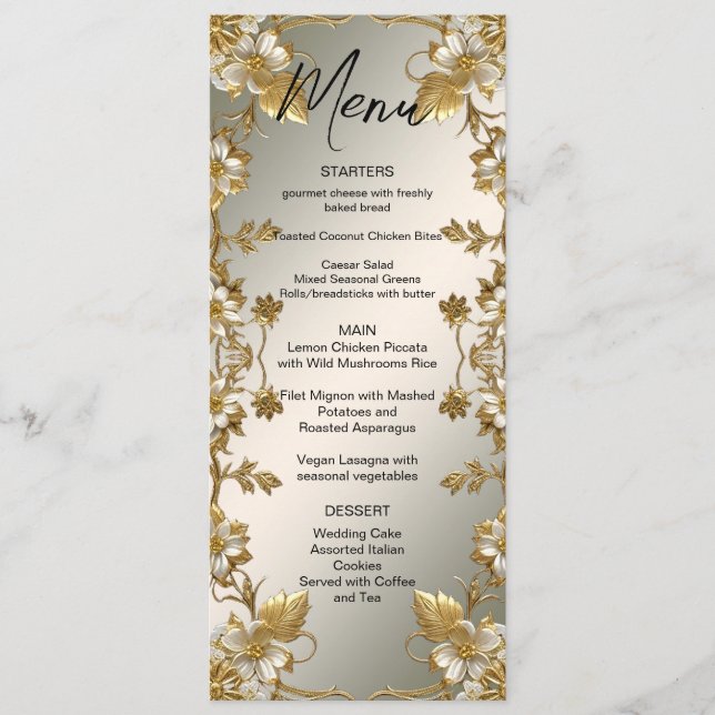 Menu de Casamento do Ornamentado Dourado Branco Fl (Frente)