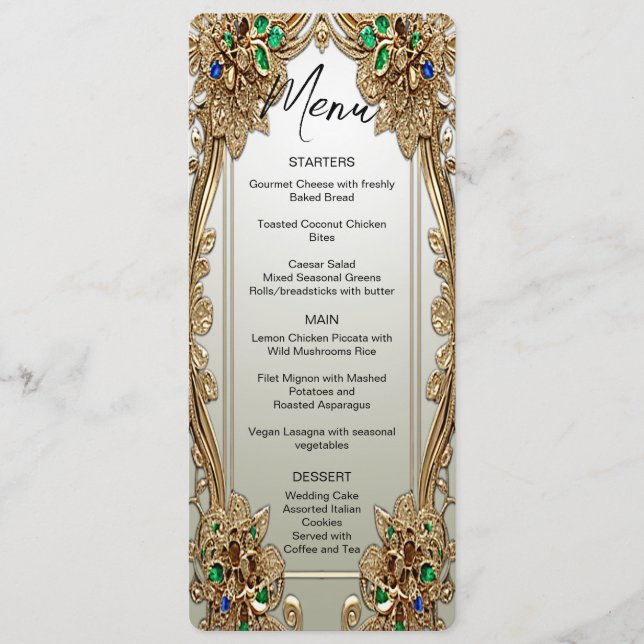 Menu de Casamento do Ornamentado Dourado Elegante (Frente)