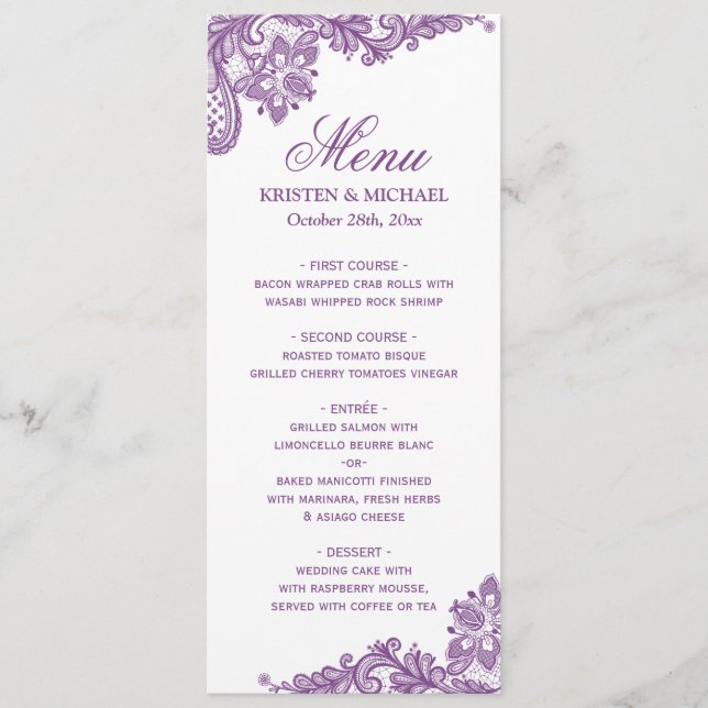 Menu de Casamento do Padrão de Lace Roxo da Lavand (Frente)