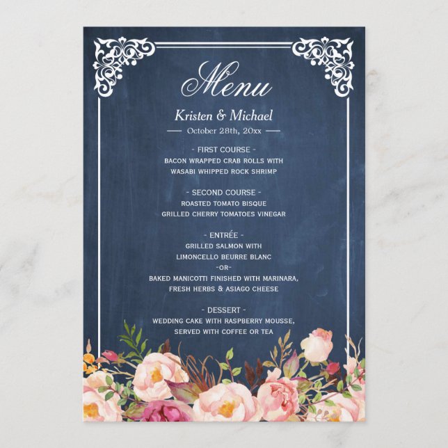 Menu de Casamento do Quadro Azul de Imagem Floral  (Frente)