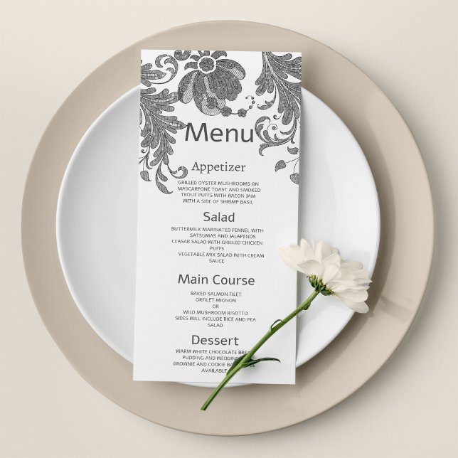 Menu de Casamento do rendas floral preto branco-ch (Chic black white glitter floral lace Wedding Menu )