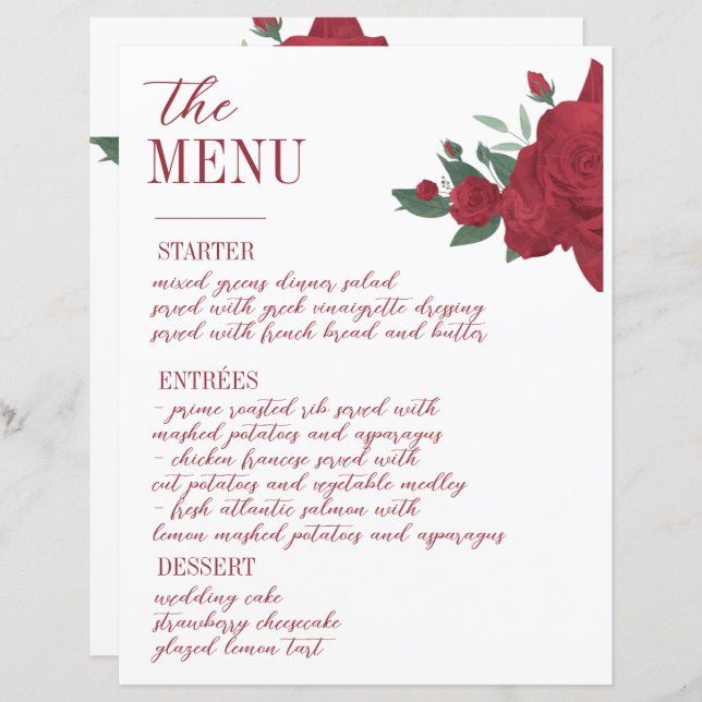 Menu de Casamento do Rosa vermelha Boho (Frente/Verso)