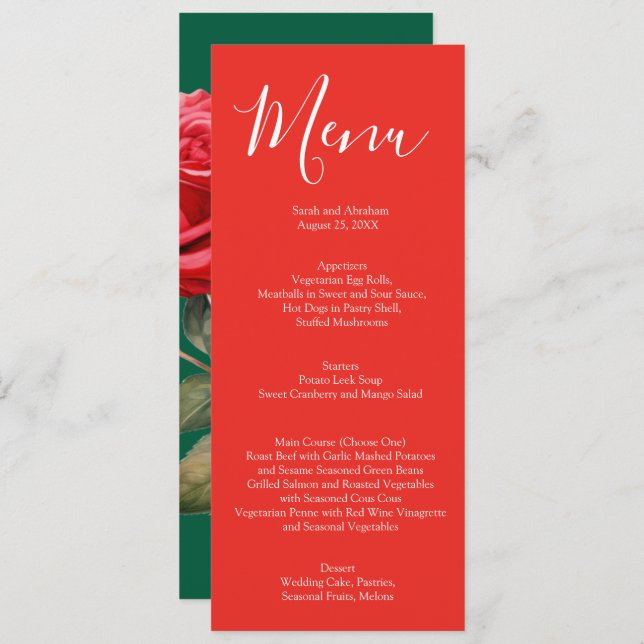 Menu de Casamento do Rosa vermelha Elegante (Frente/Verso)