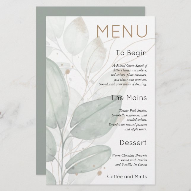 Menu de Casamento do Sage com Aquarela de Folhagem (Frente/Verso)