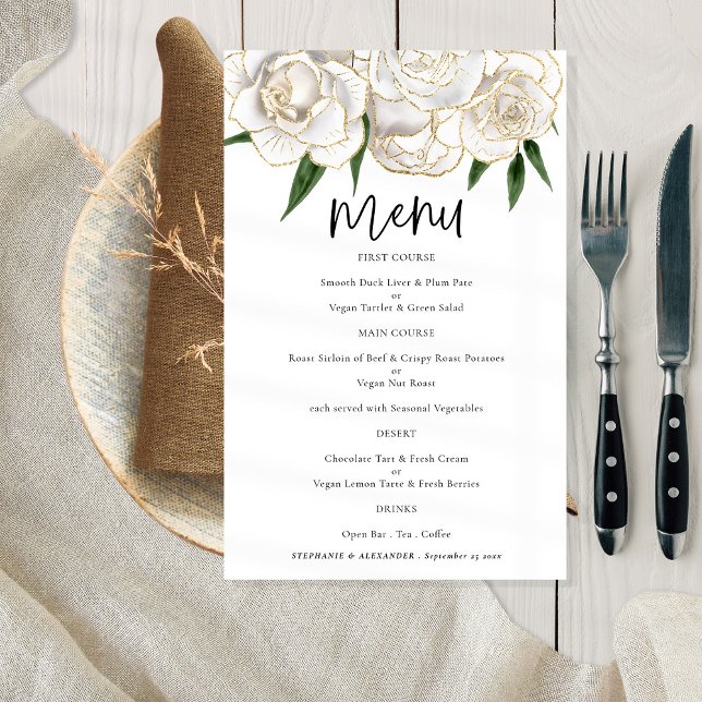 Menu de Casamento do Script Dourado Florais Branco (Criador carregado)