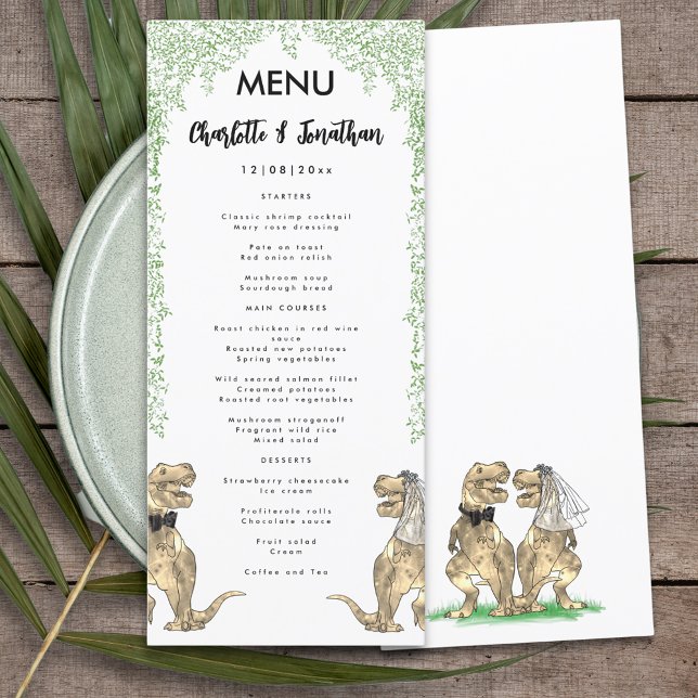 Menu de Casamento do Tema do Dinossauro (T-Rex bride and groom dinosaur wedding day menu)