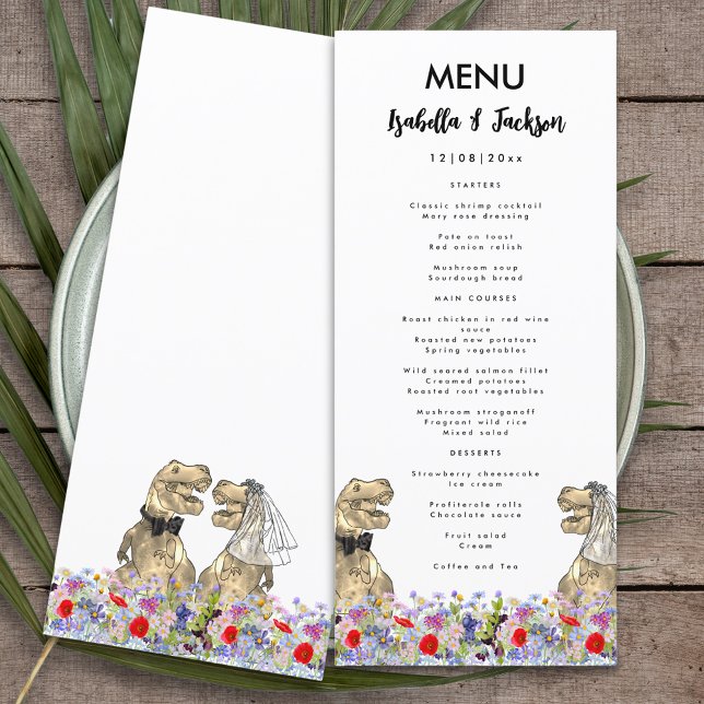 Menu de Casamento do Tema do Dinossauro (Fun dinosaur themed wedding menu with T-Rex bride and groom in a colorful wildflower meadow )