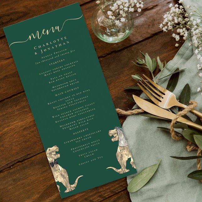 Menu de Casamento do Tema do Dinossauro (dinosaur bride and groom dark green wedding menu watercolor fun Jurassic T-Rex dino)