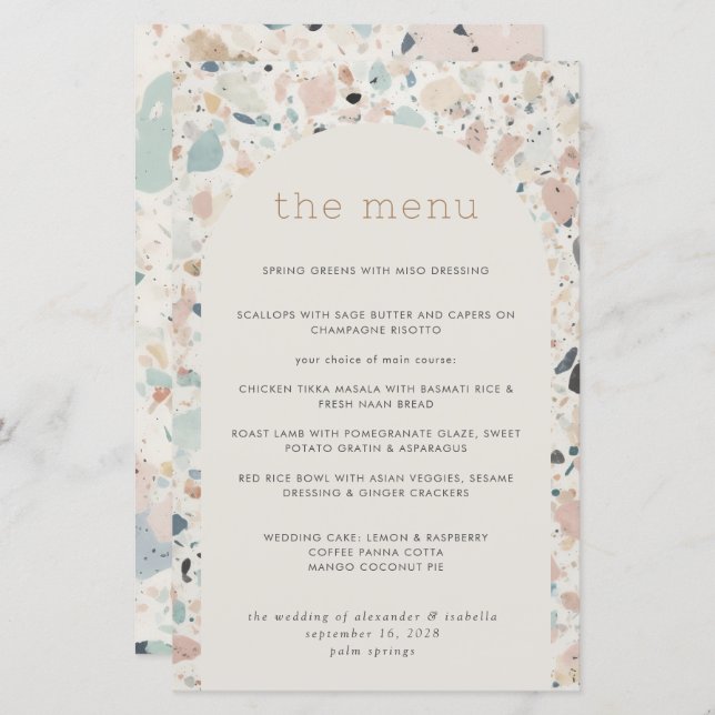 Menu de Casamento do Terrazzo Pastel (Frente/Verso)