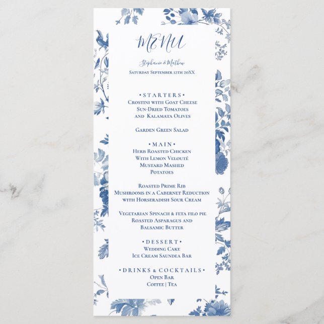 Menu de Casamento do Toile Floral Azul Elegante Fr (Frente)