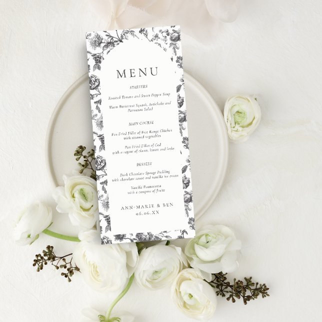 Menu de Casamento do Toile Floral Preto e Branco (Criador carregado)