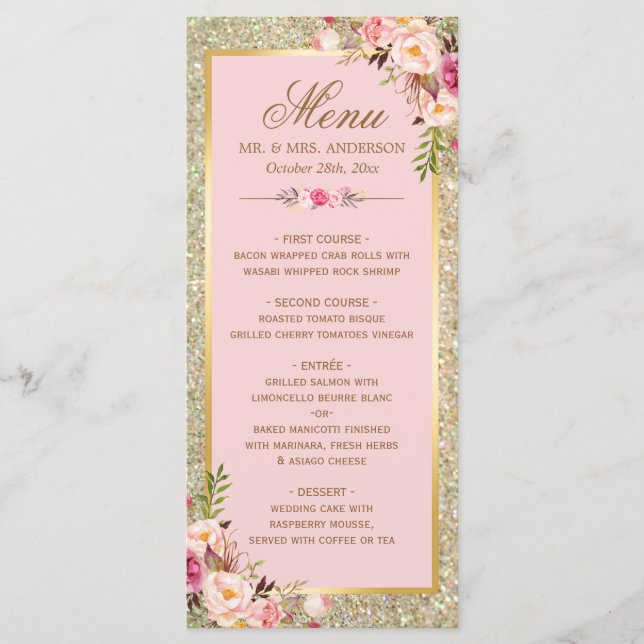 Menu de Casamento Dourado Brilhante Cor-de-Rosa Es (Frente)
