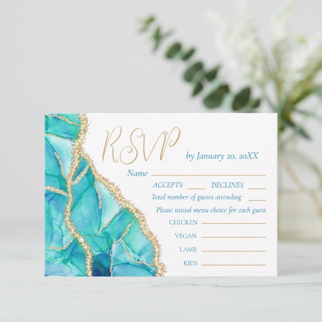 Menu de Casamento Dourado com Lente Azul Elegante  (Em pé/Frente)