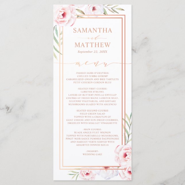 Menu de Casamento Dourado com Rosa de Aquarela Flo (Frente)
