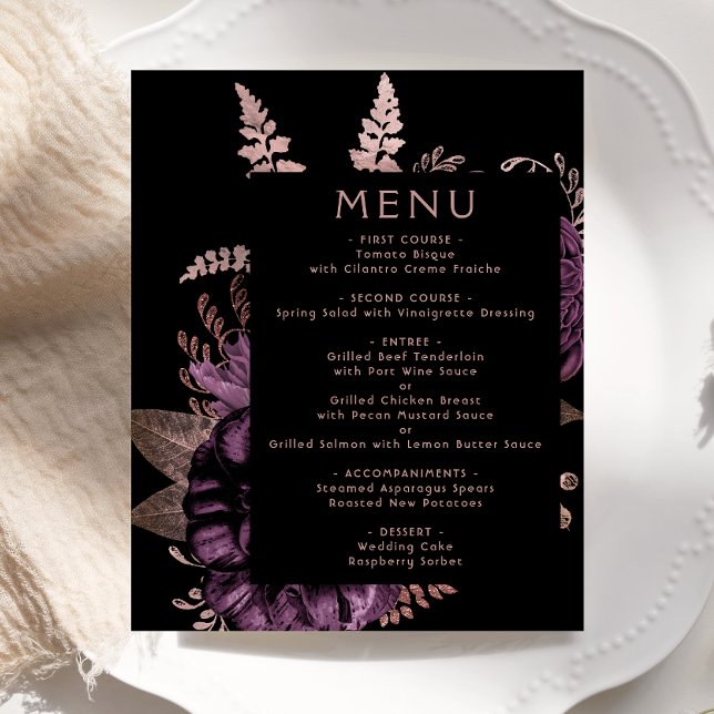 Menu de Casamento Dourado com Rosa de Roxo Floral  (Criador carregado)