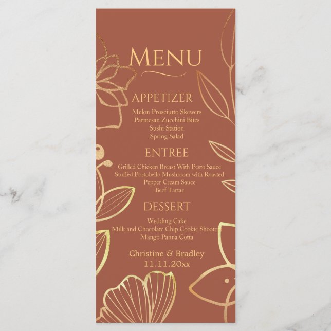 Menu de Casamento Dourado e Cobre (Frente)