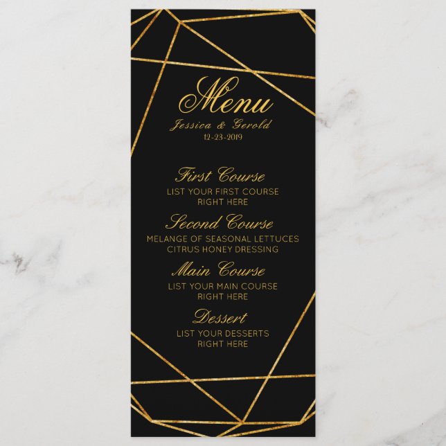 Menu de Casamento Dourado e Negro Elegante Moderno (Frente)