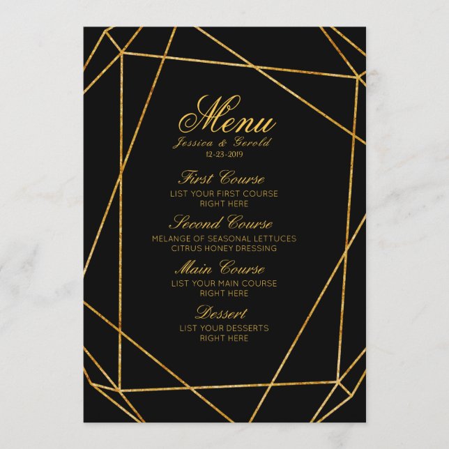 Menu de Casamento Dourado e Negro Elegante Moderno (Frente)