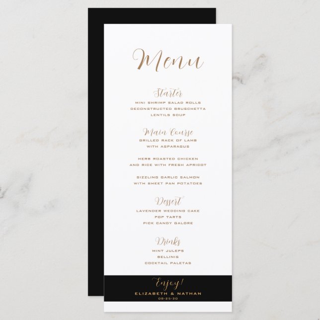 Menu de Casamento Dourado e Preto Clássico Minimal (Frente/Verso)